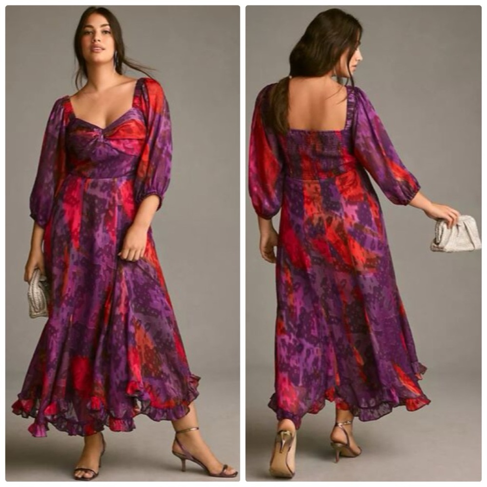 |anthro| Hutch twist front puff sleeve ruffle hem dress in purple sorbet - 1X